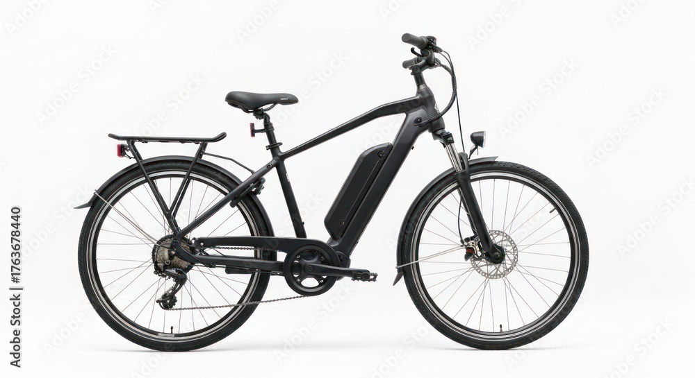 Fototapeta premium Black electric bicycle with rack, side view, isolated on white background