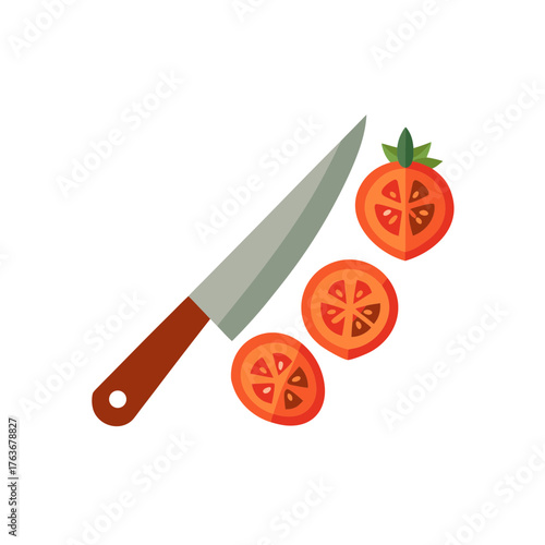 Chef knife slicing fresh tomatoes vector illustration