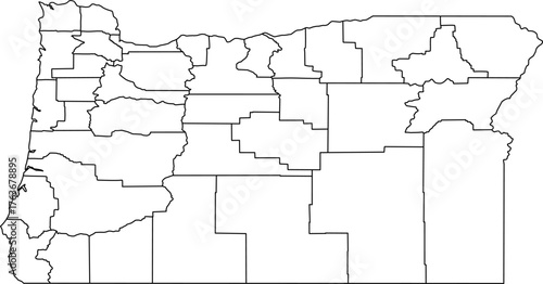 Vector political map of Oregon state outline with all internal county borders and administrative divisions, presented as a blank template map of the Pacific Northwest US state.