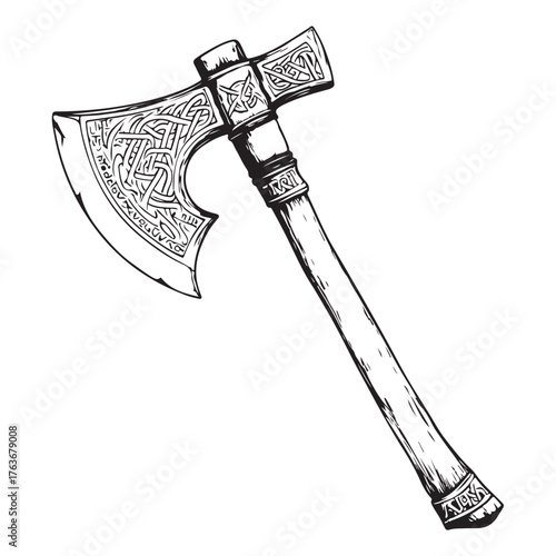 Vintage double-headed axe with rustic wooden handle displayed against a neutral background 
