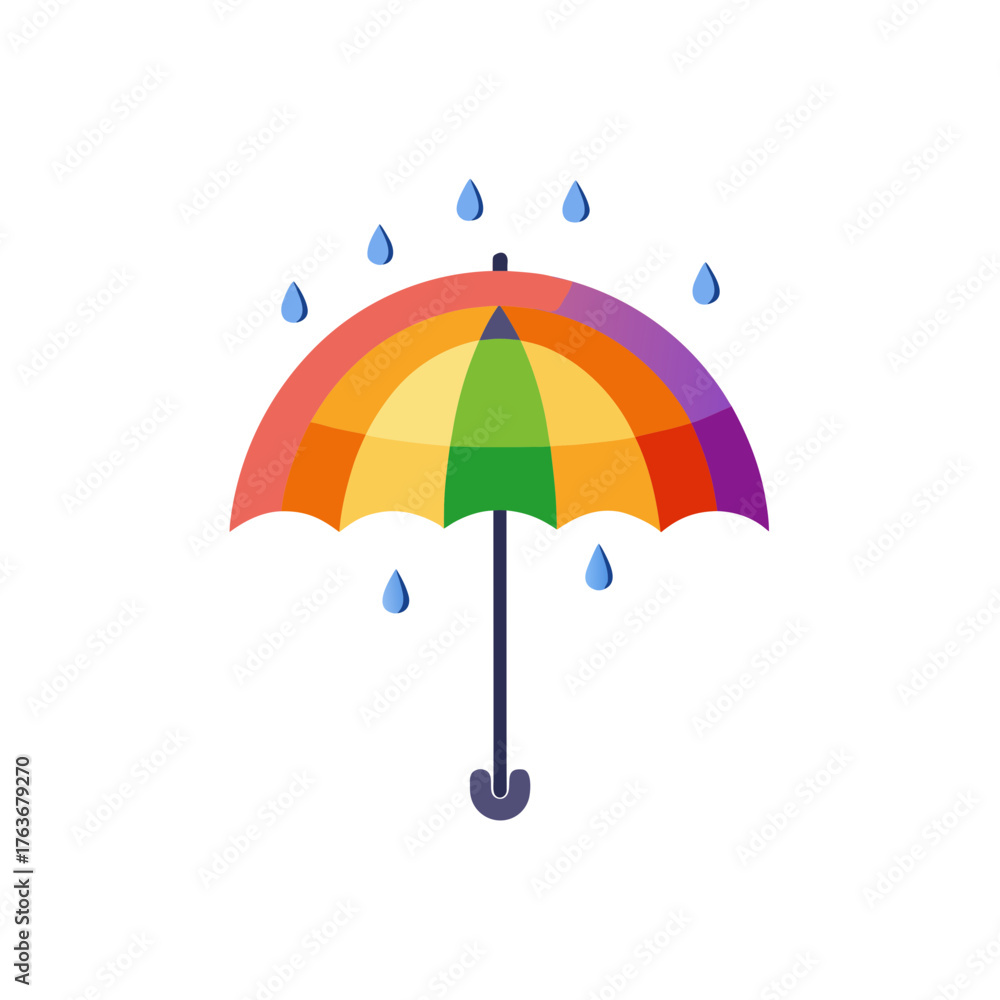 Obraz premium Vibrant rainbow umbrella illustration open with falling raindrops vector graphic