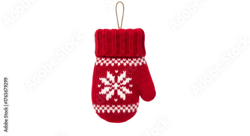 A single red knitted christmas mitten ornament with a white snowflake pattern and ribbed cuff, isolated on transparent background