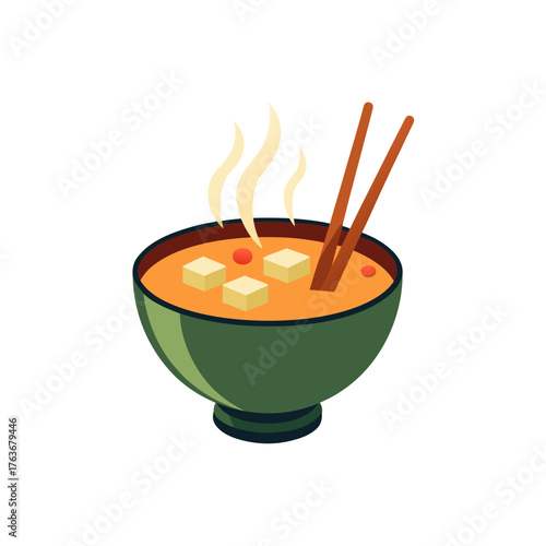 Steaming miso soup bowl with chopsticks vector illustration