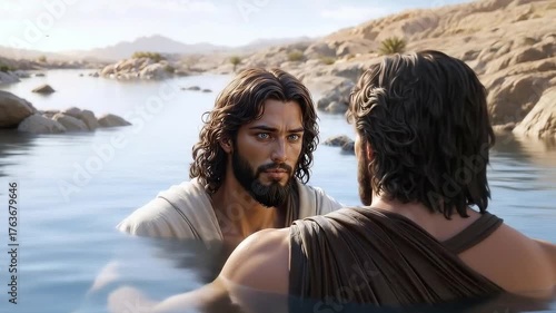 Jesus was baptized by John the Baptist in Jordan river. The Baptism of Jesus religious concept.
