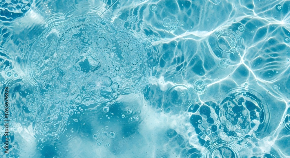 Fototapeta premium Abstract water surface with bubbles and light reflections, creating a refreshing and dynamic visual for backgrounds, designs, and summer themes