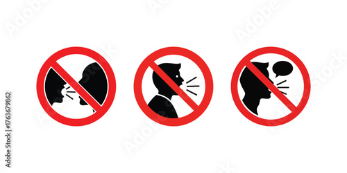 Three prohibition signs showing no talking no shouting and no loud noise on a white background