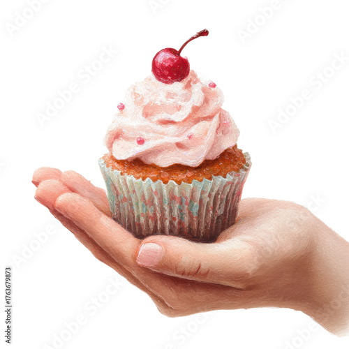 Cupcake held in hand with cherry on top