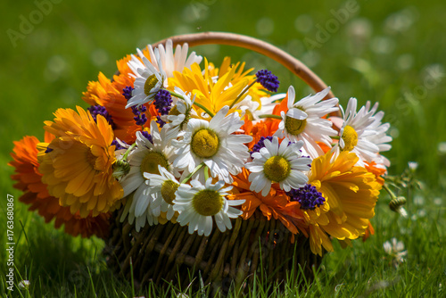 Beautiful fresh summer flowers in wicker basket