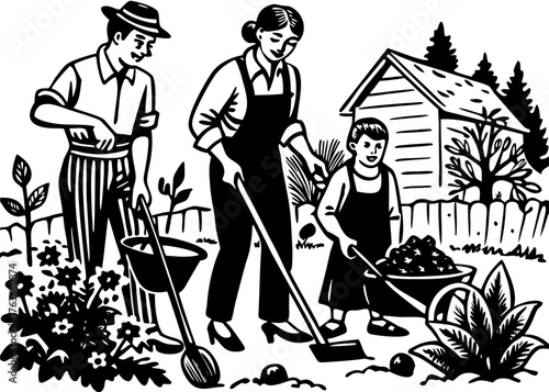 American Family Gardening Together in Their Backyard — Outdoor Activity and Healthy Lifestyle