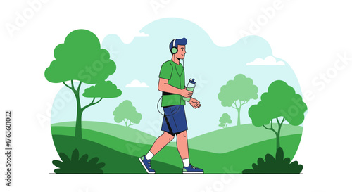 A Person Enjoys Outdoor Activity, Listening to Music, Exercising, Walking, And Has A Water Bottle