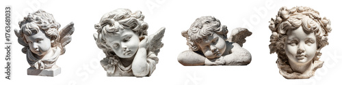 Cherubic angel sculptures in various poses carved from stone on transparent background