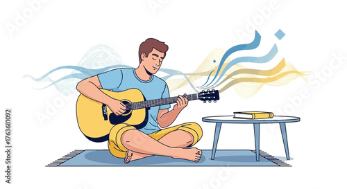 A Person Meditating While Playing Acoustic Guitar Composed in Vector Style