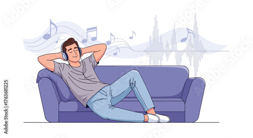 A Person Relaxing And Listening To Music On A Sofa, Modern Illustration