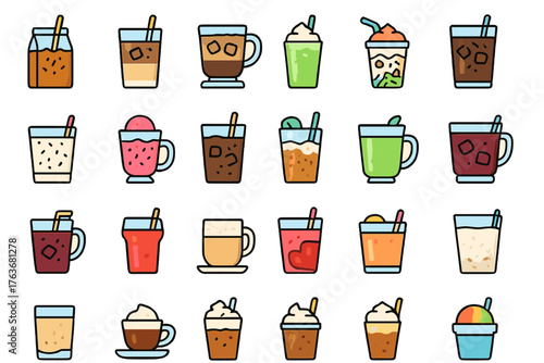 Colorful hand-drawn assorted drinks illustration on display shelves