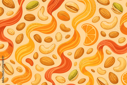 Seamless trail mix pattern with nuts, citrus slices, and colorful ribbons