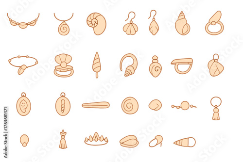 Hand-drawn jewelry and seashell icon set with warm tones