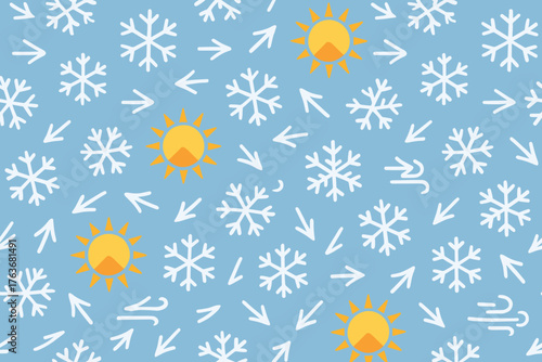 Seamless winter weather pattern with snowflakes, sun, and wind icons