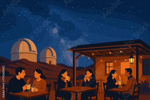Couples stargazing at night café near observatories