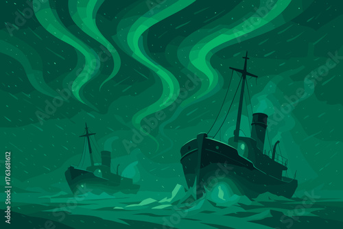 Arctic ships under northern lights in snowy night scene