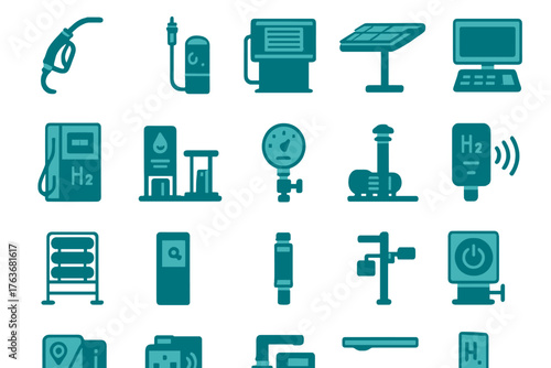 Hydrogen fuel and energy infrastructure icon set featuring gas nozzles, refueling stations, solar panels, gauges, and clean energy symbols