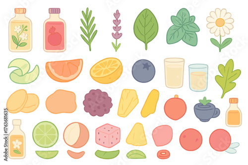 Set of hand-drawn herbal and fruit ingredients in pastel style