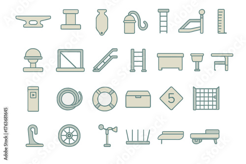 Harbor and marina infrastructure icon set in minimalist style