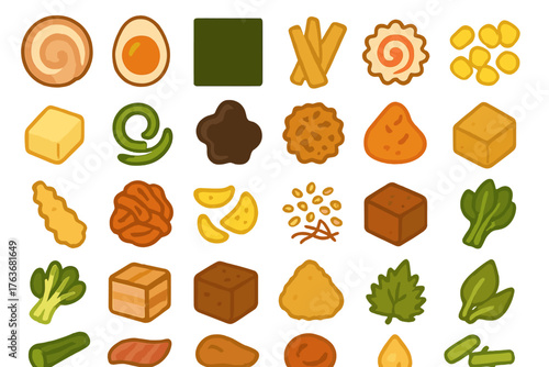 Ramen toppings icon set in warm illustrated style