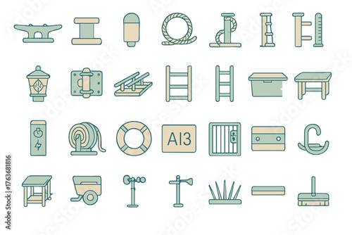 Marina dock equipment and nautical icons for harbor infrastructure