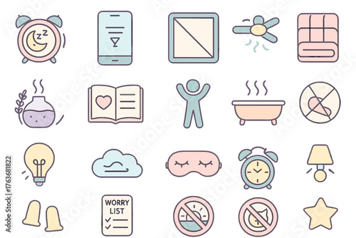 Pastel bedtime routine icons for wellness and sleep tracking