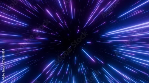 Looped background with blue pink neon light streaks create effect of high speed travel through space. Abstract animation of hyperspace warp with glowing futuristic tunnel visuals. VJ loop , 4K 60fps