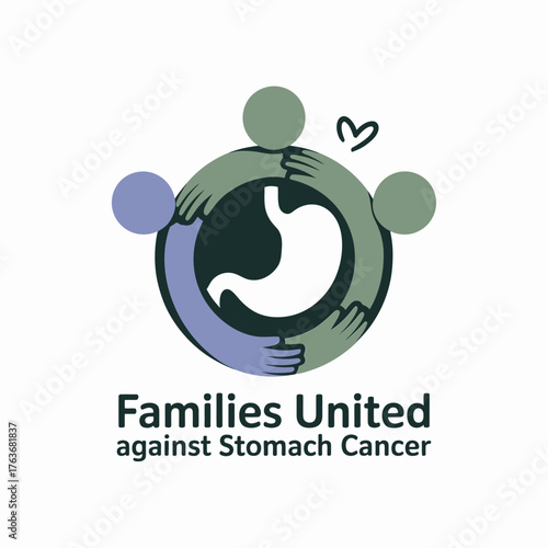 Families united for stomach cancer awareness, caring hands circle, supportive community emblem, hope ribbon, healthcare advocacy, prevention education