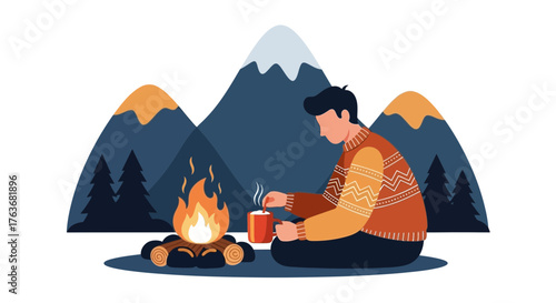 Cozy Camping Scene Depicting Person Enjoying Warm Drink Near Campfire In Mountain Setting