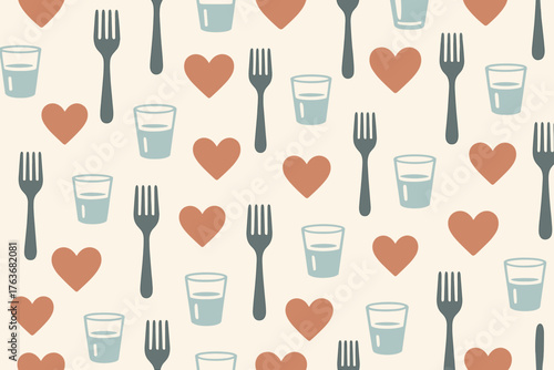 Seamless pattern with forks, hearts, and water glasses