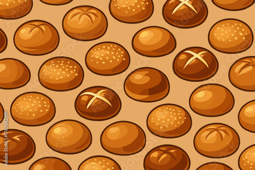 Seamless pattern of assorted round bread rolls on beige background
