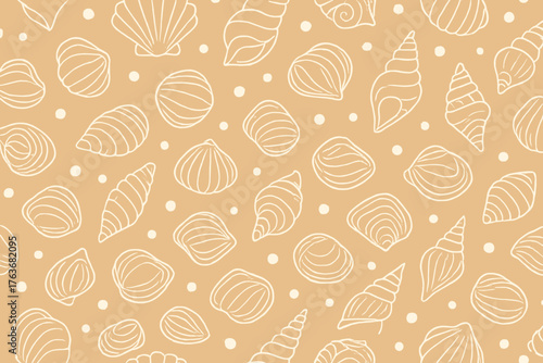 Hand-drawn seashell seamless pattern on sandy brown background