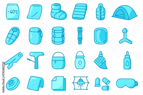 Hand-drawn winter camping icon set with gear and essentials