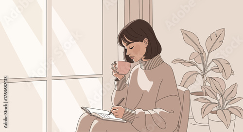 Illustration Of A Woman Writing While Drinking A Beverage Near A Window