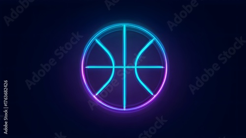 Glowing neon outline of a basketball emblem illuminates a dark background with vibrant cyan and magenta hues