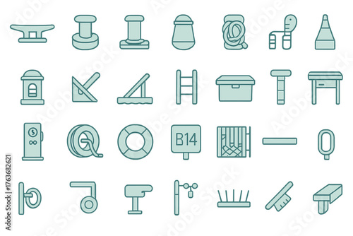 Nautical dockside equipment and marina fixtures icon set