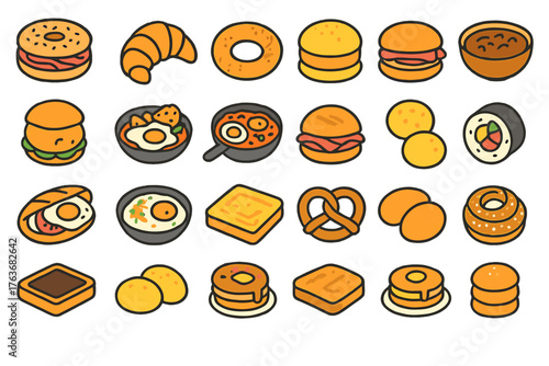 Cute breakfast icon collection with toast, eggs, sandwiches, and baked goods on warm background