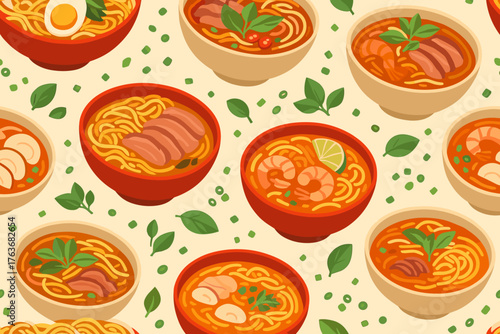 Seamless noodle soup pattern with various toppings and herbs