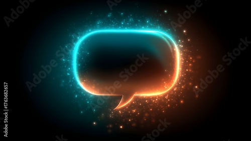 Glowing speech bubble outline illuminates a dark digital background with sparkling energy