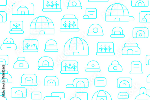 Seamless pattern of futuristic greenhouse domes and plant habitats