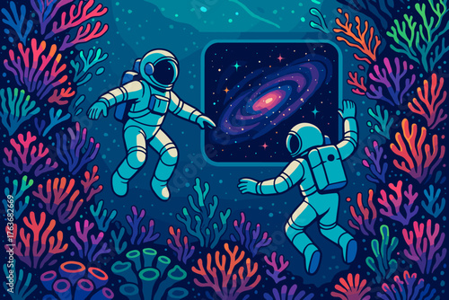 Astronauts exploring vibrant coral reef in outer space