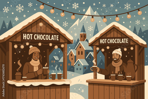 Festive hot chocolate stands in snowy alpine village
