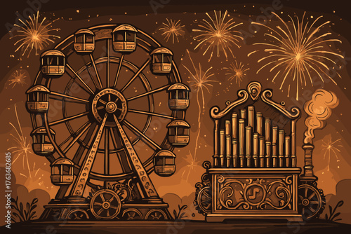 Retro carnival ferris wheel and pipe organ with fireworks display