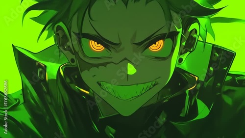 Animated looping anime style person with glowing eyes half monster