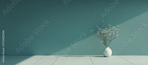Minimalist Teal Interior with White Vase and Delicate Flowers, Sunlight.