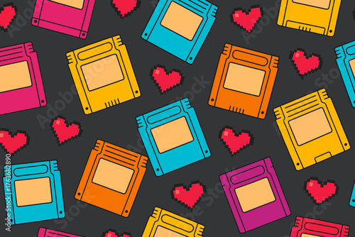 Bright retro pattern with colorful floppy disks and pixel hearts on dark background