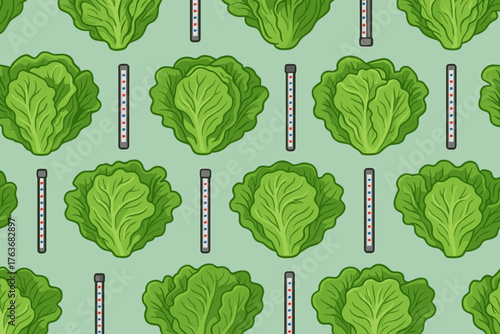 Seamless pattern with lettuce heads and thermometers on green background